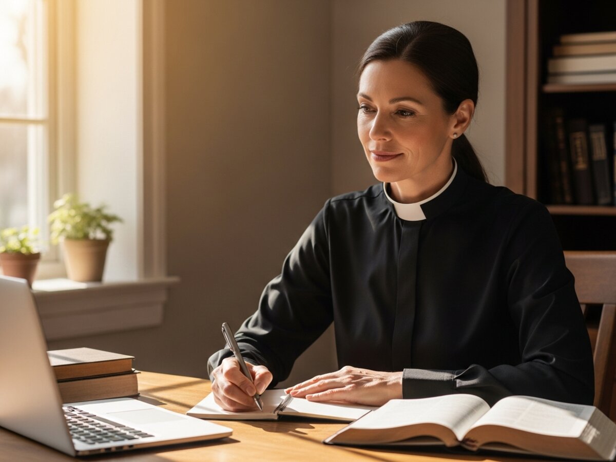 A clergy leader thoughtfully writing ministry plans at a desk in a warmly lit study